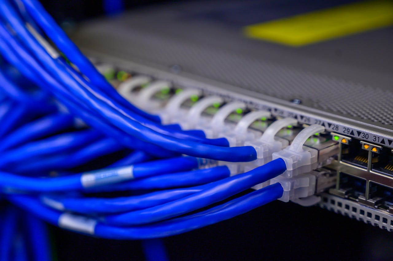 services-02 Detailed view of blue ethernet cables connected to a network switch in a data center.